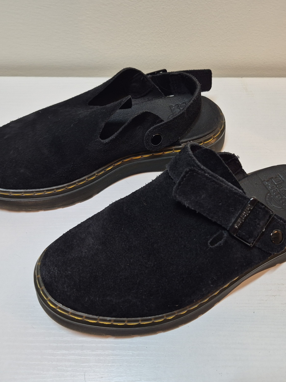 Dr. Martens Black Suede Clog Mules with Yellow Stitching